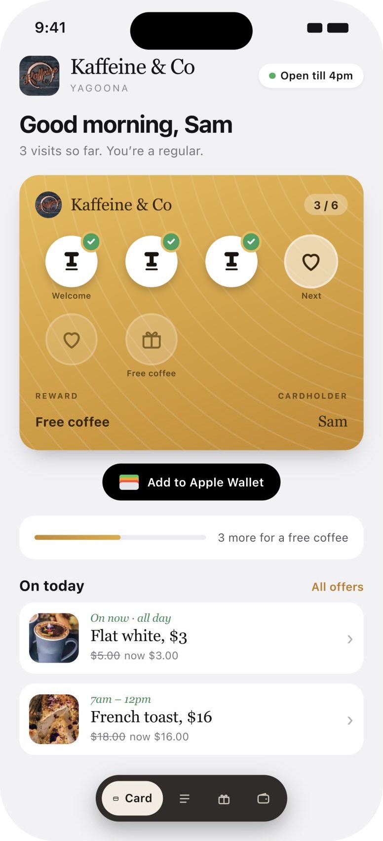 Kaffeine and Co loyalty card with 3 of 6 stamps
